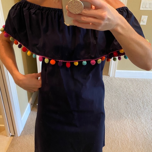 Strapless Navy dress with colorful Pom poms - Picture 2 of 5